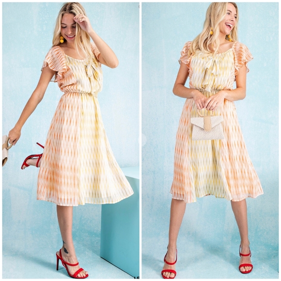 KORI Feminine Chic Yellow Tangerine Mixed Print Flowy Midi Dress - Picture 2 of 5